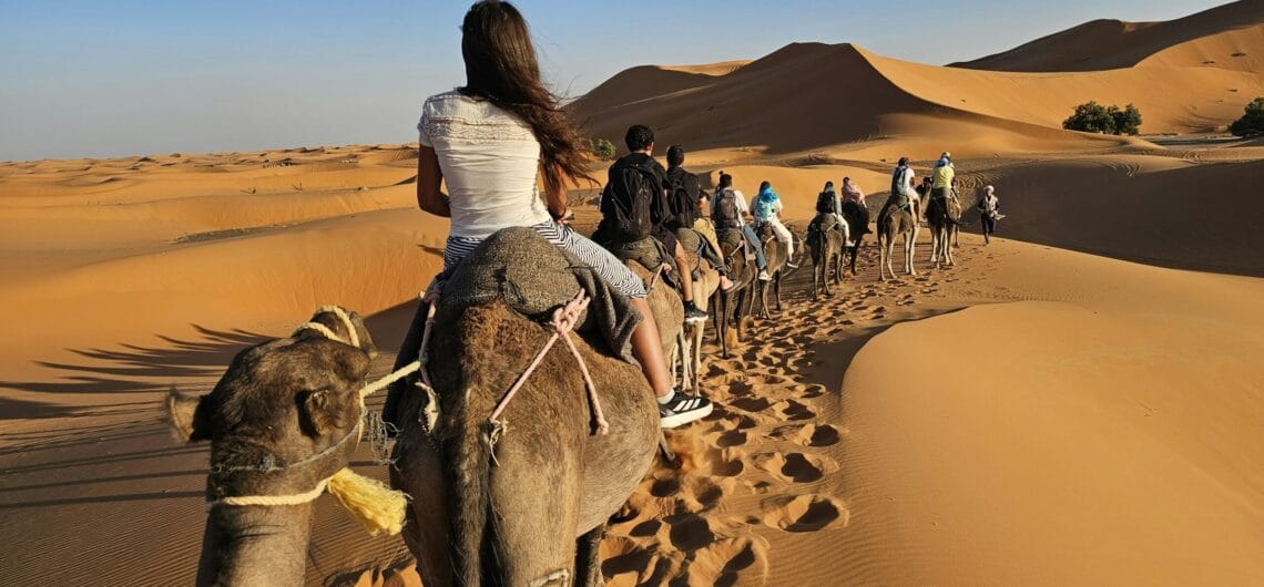 Camel trek in Erg Chebbi dunes on Morocco group tour